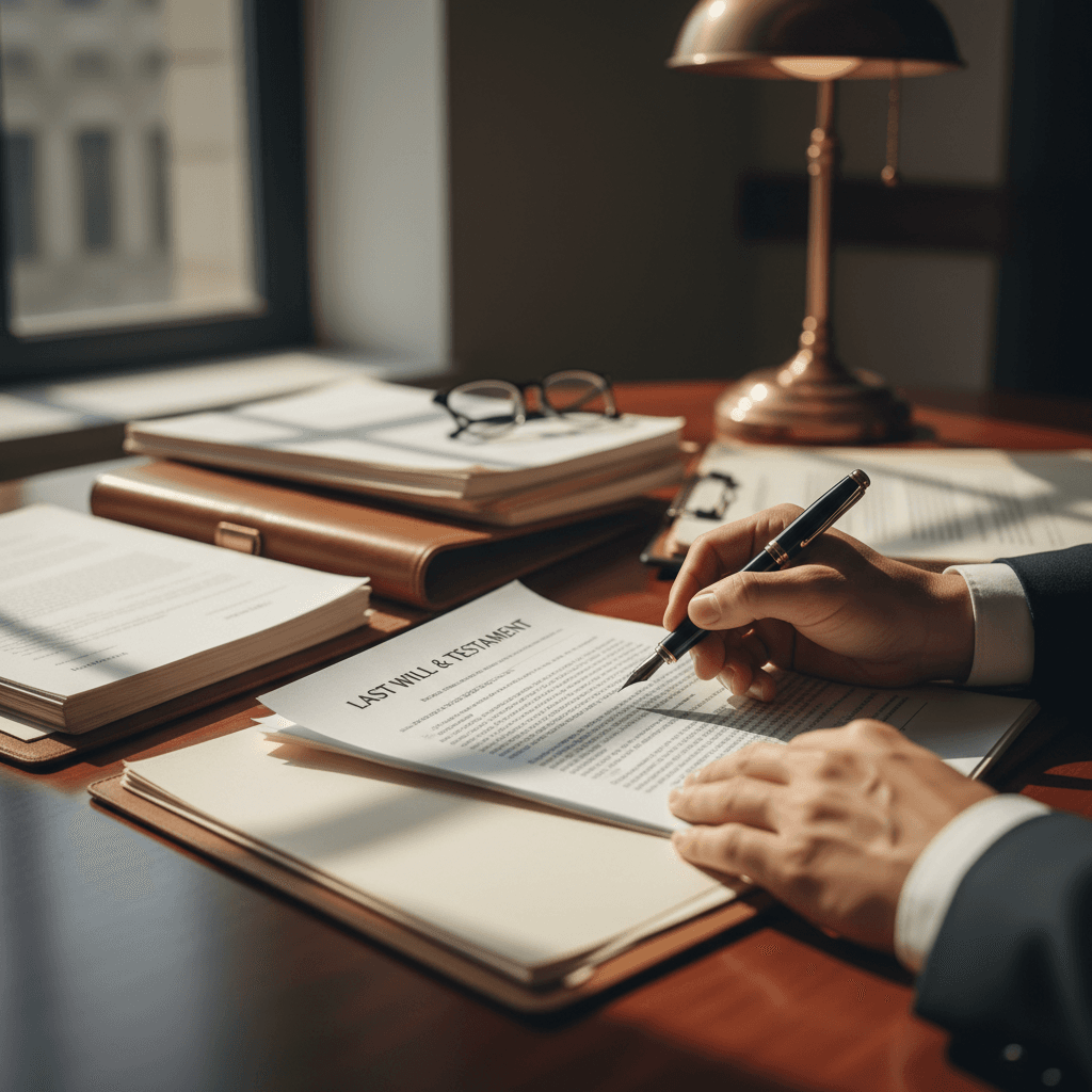 Attorney reviewing paperwork with a client at a desk