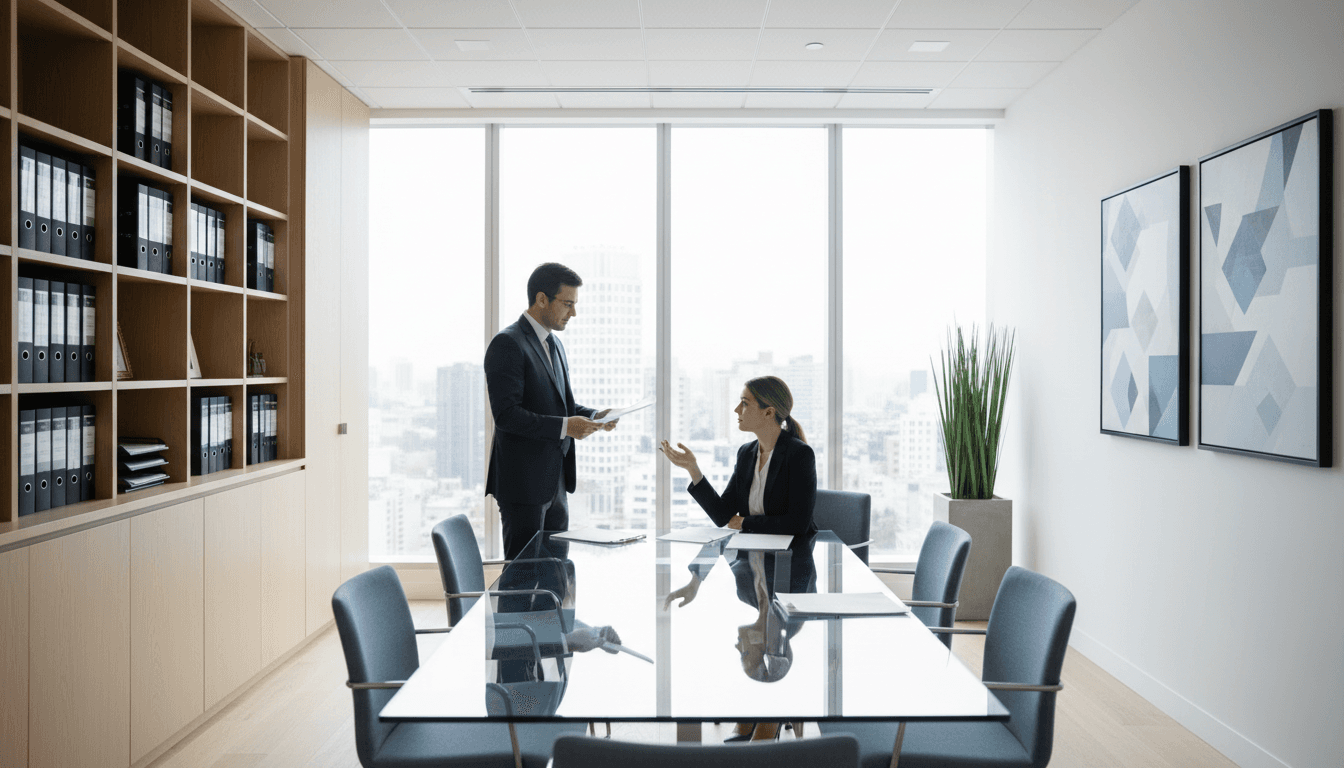 Lawyer in a professional meeting at an office desk with legal documents in warm natural light