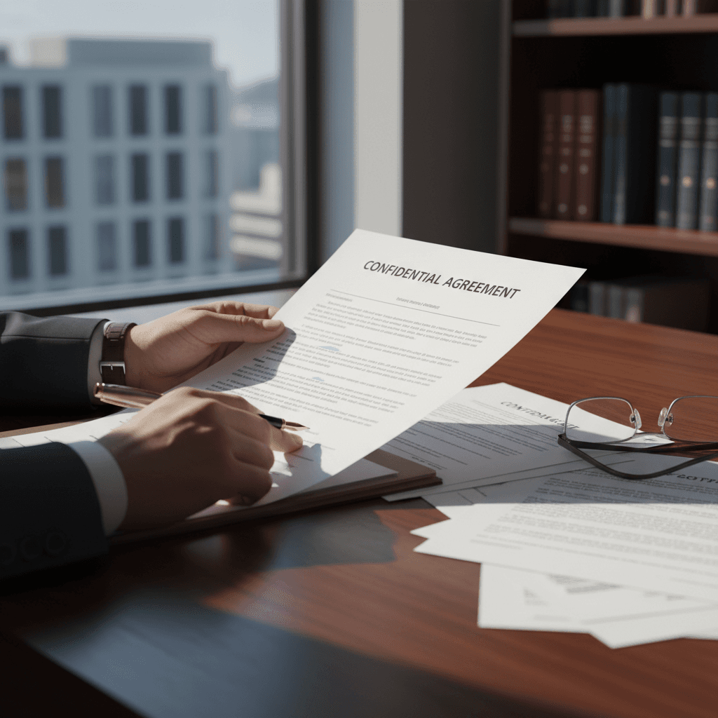 Professional lawyer reviewing legal documents at a desk in a law office