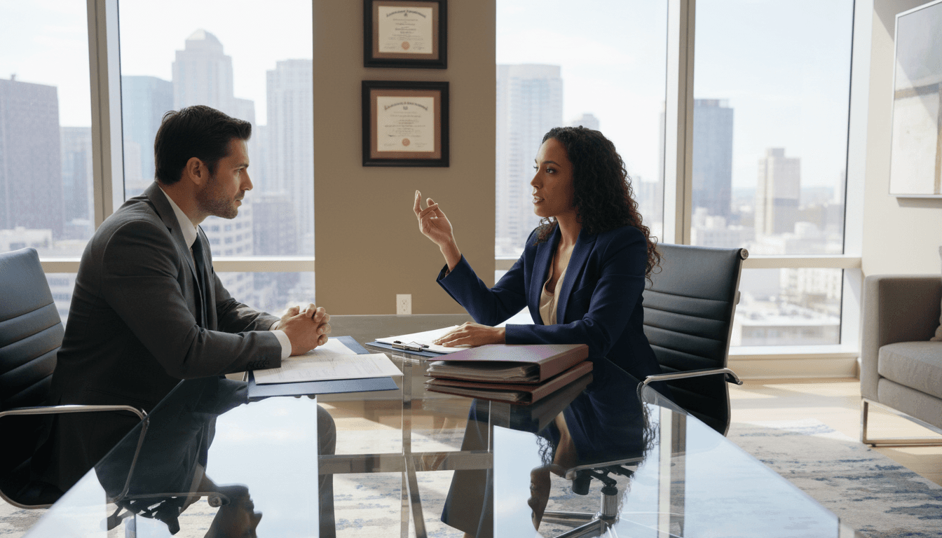 Lawyer consulting with a client at a desk in a professional law office