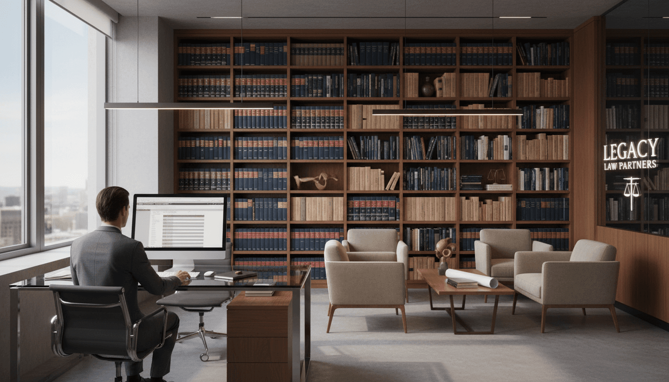 Blurred law office library with books and warm lighting